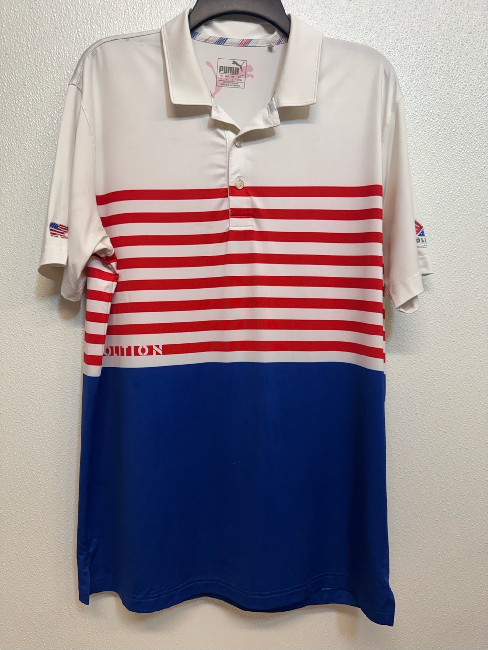 Puma Volition White Red Blue Striped Short Sleeve Polo Sz M
